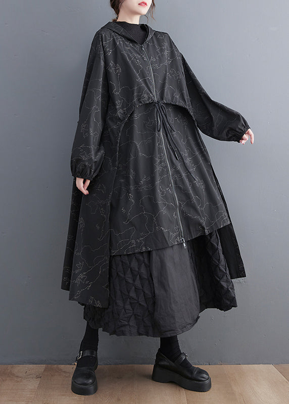 Vogue Black Asymmetrical Patchwork Print Zippered Tie Waist Hoodie Trench Coat Fall