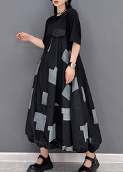 Vogue Black O-Neck Print Patchwork Long Dress Short Sleeve