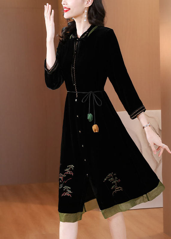 Vogue Black Peter Pan Collar Embroidered Tie Waist Silk Velour Vacation Dresses Fall