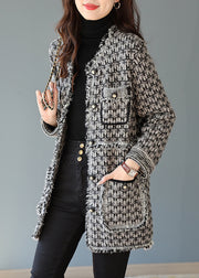 Vogue Black V Neck Pockets Button Plaid Knit Coat Fall