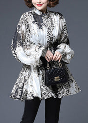 Vogue Black White Print Elastic Waist Wrinkled Chiffon Tops Lantern Sleeve