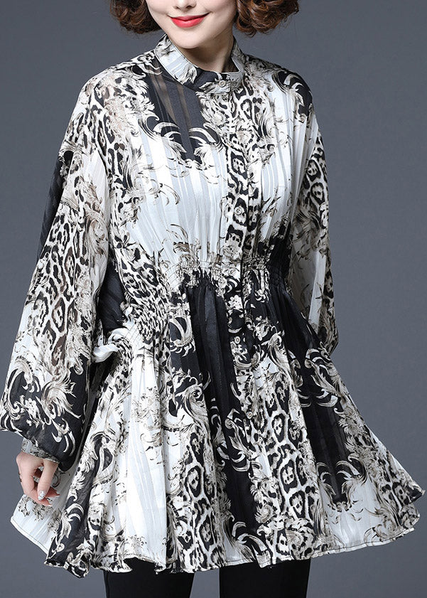 Vogue Black White Print Elastic Waist Wrinkled Chiffon Tops Lantern Sleeve