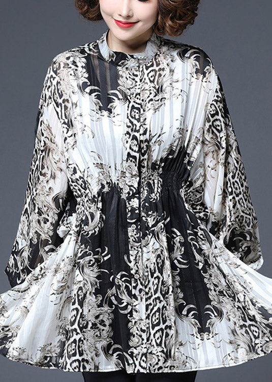 Vogue Black White Print Elastic Waist Wrinkled Chiffon Tops Lantern Sleeve