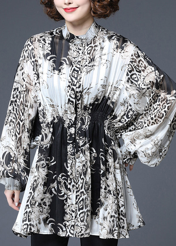 Vogue Black White Print Elastic Waist Wrinkled Chiffon Tops Lantern Sleeve