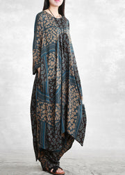 Vogue Blue O-Neck Print Shirts und Wide Leg Pants Seiden-Zweiteiler mit halben Ärmeln