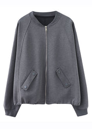 Vogue Grey O-Neck Patchwork Drawstring Coat Long Sleeve