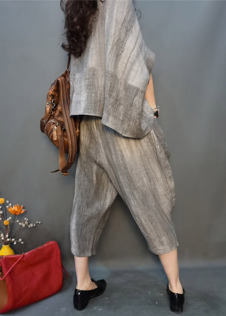 Vogue Grey O-Neck, zerknittertes Leinenoberteil und Harm Pants, zweiteiliges Set mit Fledermausärmeln