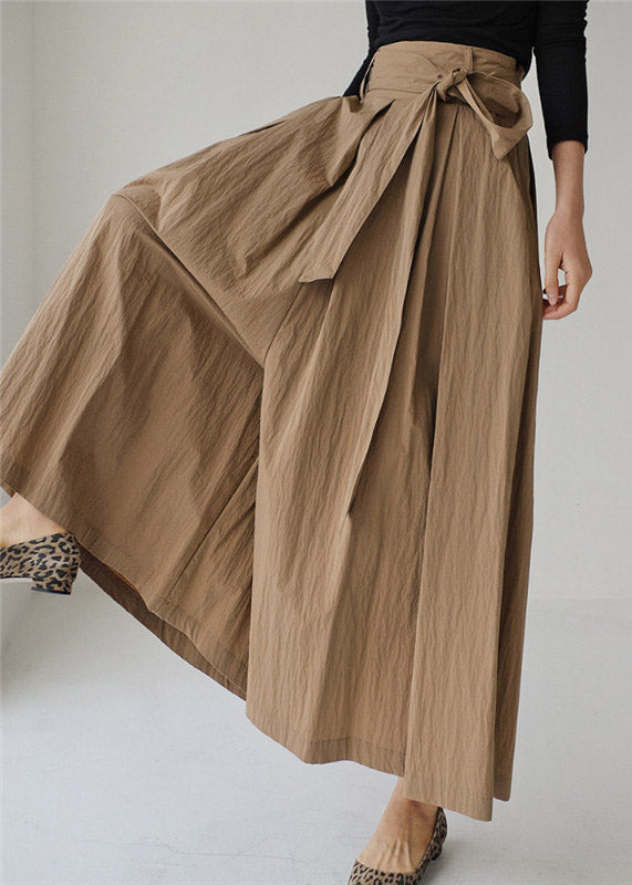 Vogue Khaki Pockets Tie Waist Corduroy Wide Leg Pants Spring