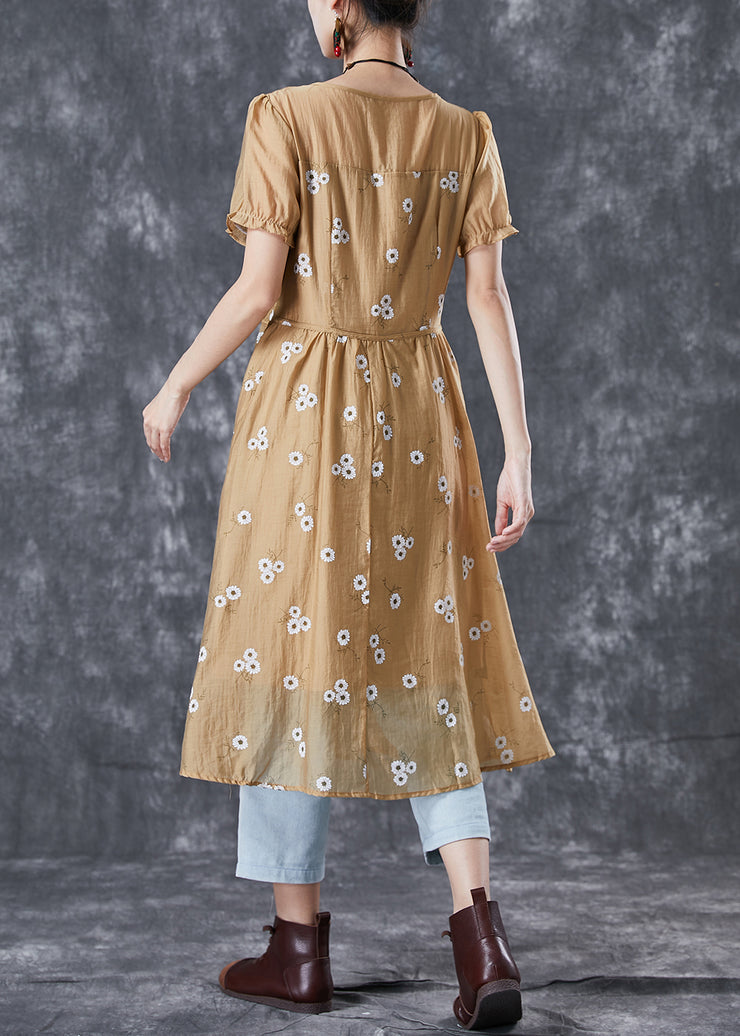 Vogue Khaki Puff Sleeve Patchwork Print Wrinkled Chiffon Dress Summer