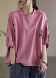 Vogue Pink O-Neck Embroidered T Shirt Half Sleeve