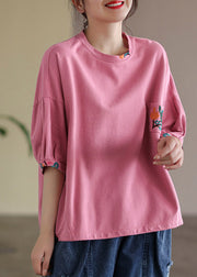 Vogue Pink O-Neck Besticktes T-Shirt Halbarm