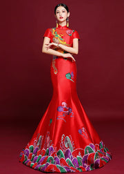 Vogue Red Stand Collar Embroidered Silk Mopping Fishtail Long Dress Short Sleeve