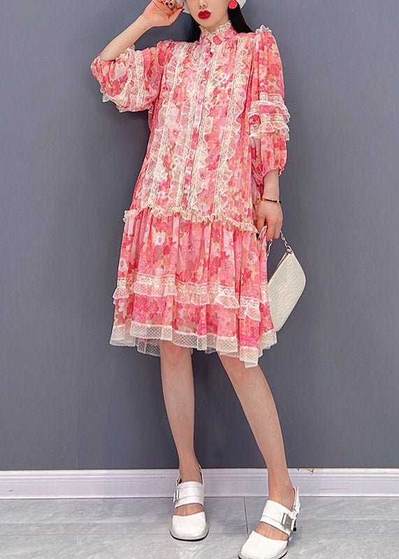 Vogue Red Stand Collar Print Patchwork Lace Ruffled Chiffon Dress Long sleeve