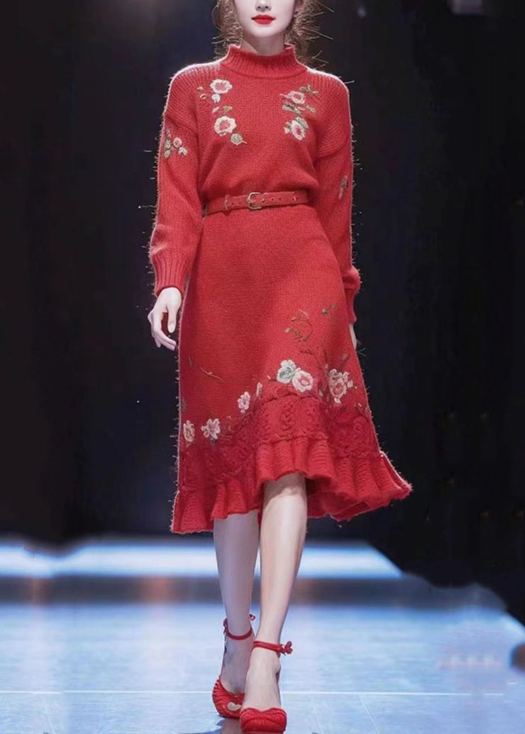 Vogue Red Turtleneck Floral Sashes Cotton Knit Long Sweater Dress Winter