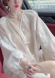 Vogue White Embroidered Button Chiffon UPF 50+ Shirt Fall