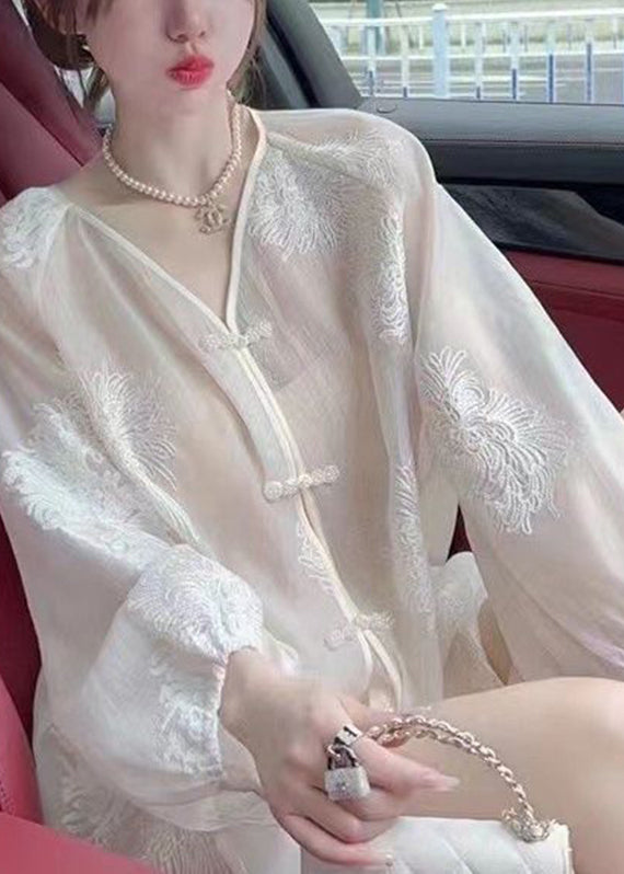 Vogue White Embroidered Button Chiffon UPF 50+ Shirt Fall