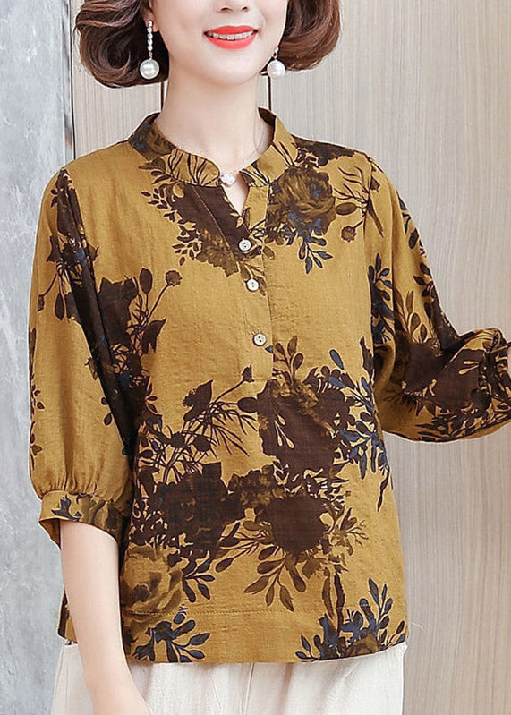 Vogue Yellow V Neck Print Button Shirt Half Sleeve