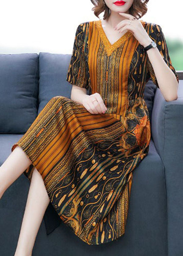 Vogue Yellow V Neck Striped Print Silk Women&