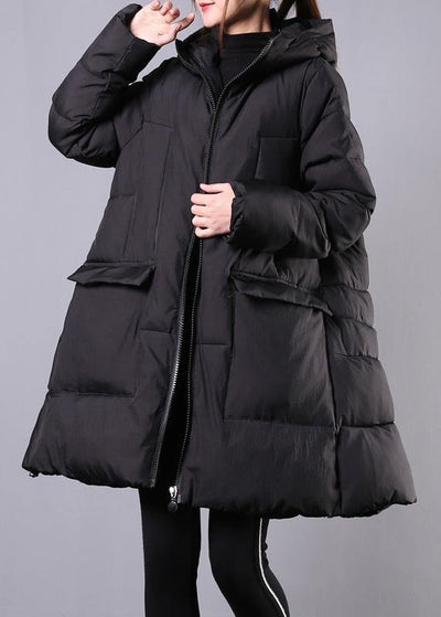 Warm Loose fitting Jackets & Coats winter outwear black hooded zippered womens coats - bagstylebliss