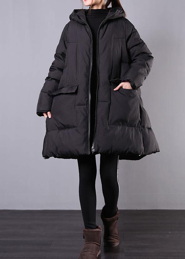 Warm Loose fitting Jackets & Coats winter outwear black hooded zippered womens coats - bagstylebliss