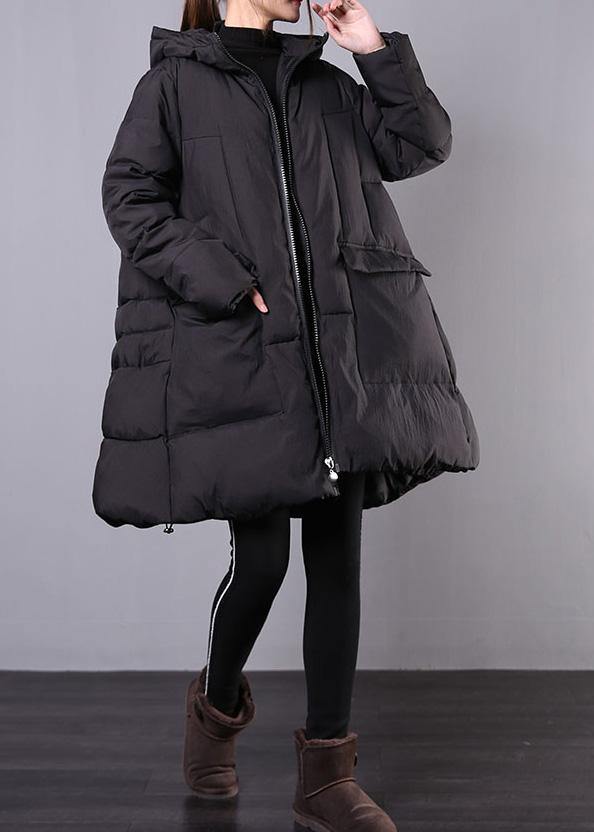 Warm Loose fitting Jackets & Coats winter outwear black hooded zippered womens coats - bagstylebliss