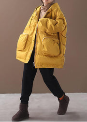 Warm Loose fitting snow jackets drawstring hem outwear yellow hooded women short coats - bagstylebliss