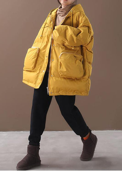 Warm Loose fitting snow jackets drawstring hem outwear yellow hooded women short coats - bagstylebliss