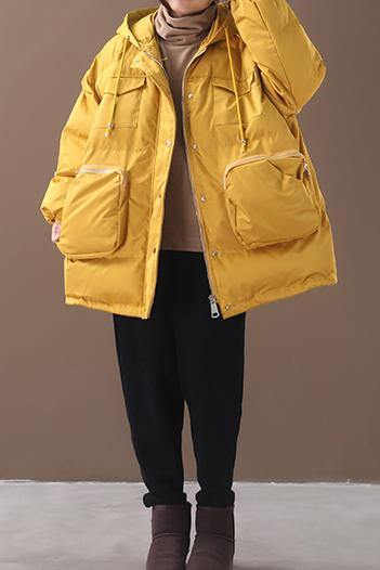 Warm Loose fitting snow jackets drawstring hem outwear yellow hooded women short coats - bagstylebliss