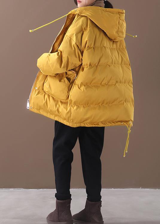 Warm Loose fitting snow jackets drawstring hem outwear yellow hooded women short coats - bagstylebliss