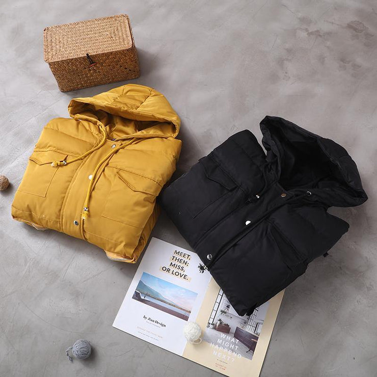 Warm Loose fitting snow jackets drawstring hem outwear yellow hooded women short coats - bagstylebliss