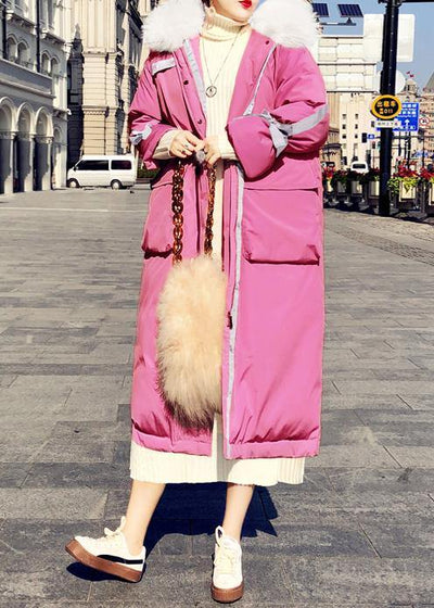 Warm Loose fitting womens parka Jackets pink hooded zippered down coat winter - bagstylebliss