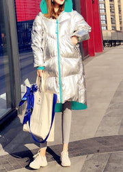 Warm Loose fitting womens silver patchwork green hooded zippered goose Down coat - bagstylebliss