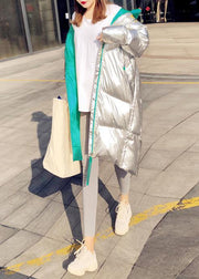 Warm Loose fitting womens silver patchwork green hooded zippered goose Down coat - bagstylebliss