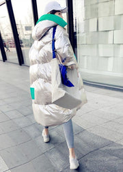 Warm Loose fitting womens silver patchwork green hooded zippered goose Down coat - bagstylebliss