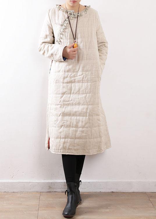 Warm beige coats casual snow jackets Chinese Button side open winter outwear - bagstylebliss