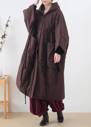 Warm chocolate striped coat Loose fitting snow hooded drawstring coats - bagstylebliss