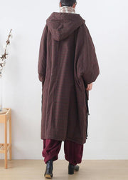 Warm chocolate striped coat Loose fitting snow hooded drawstring coats - bagstylebliss