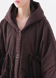 Warm chocolate striped coat Loose fitting snow hooded drawstring coats - bagstylebliss