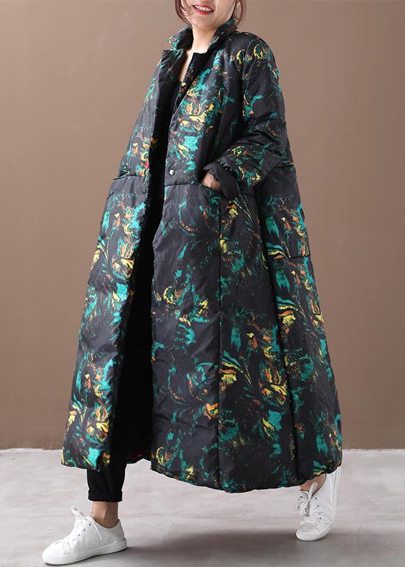 Warm floral winter coat oversize stand collar large hem goose down coats - bagstylebliss