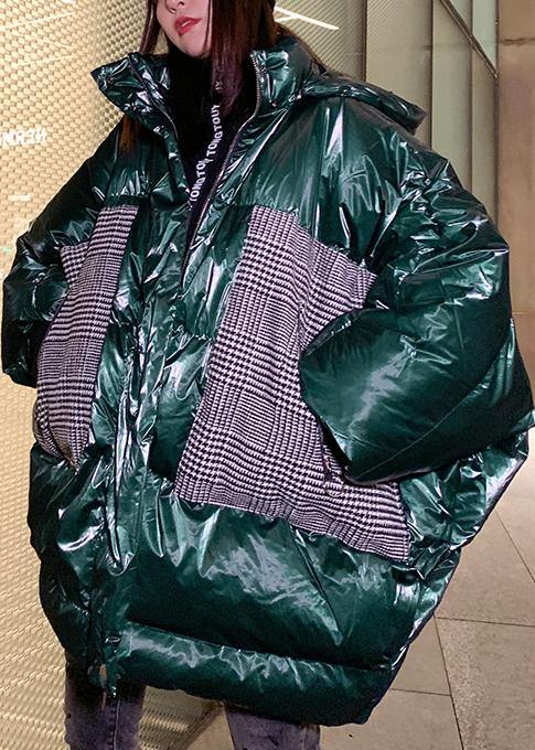 Warm green patchwork winter parkas oversize down jacket overcoat hooded - bagstylebliss