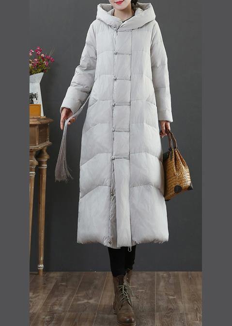 Warm light gray duck down coat plus size winter jacket hooded zippered Elegant overcoat - bagstylebliss