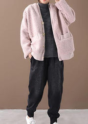 Warm oversized warm winter coat outwear pink v neck thick winter jacket - bagstylebliss