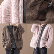 Warm oversized warm winter coat outwear pink v neck thick winter jacket - bagstylebliss