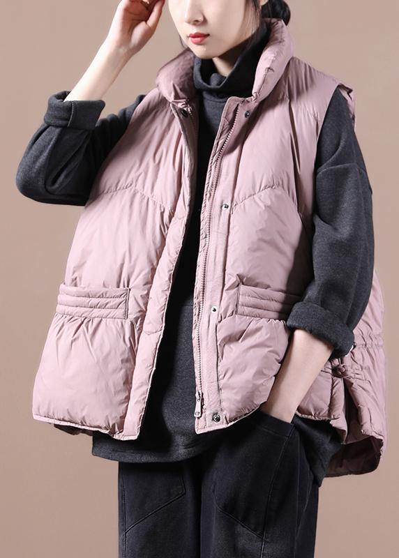 Warm pink down coat winter Loose fitting womens parka stand collar zippered Jackets - bagstylebliss