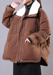 Warm plus size down jacket lapel coats chocolate pockets zippered winter parkas - bagstylebliss