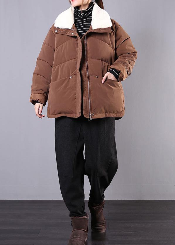 Warm plus size down jacket lapel coats chocolate pockets zippered winter parkas - bagstylebliss