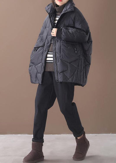 Warm plus size down jacket stand collar black zippered duck down coat - bagstylebliss