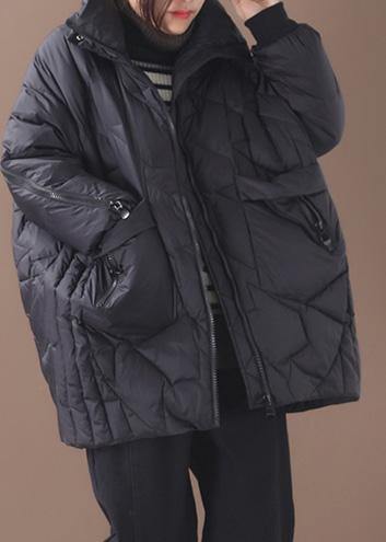 Warm plus size down jacket stand collar black zippered duck down coat - bagstylebliss