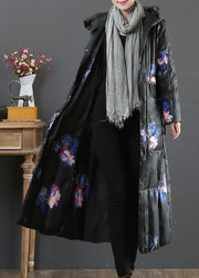 Warm plus size womens parka coats black print hooded pockets goose Down coat - bagstylebliss