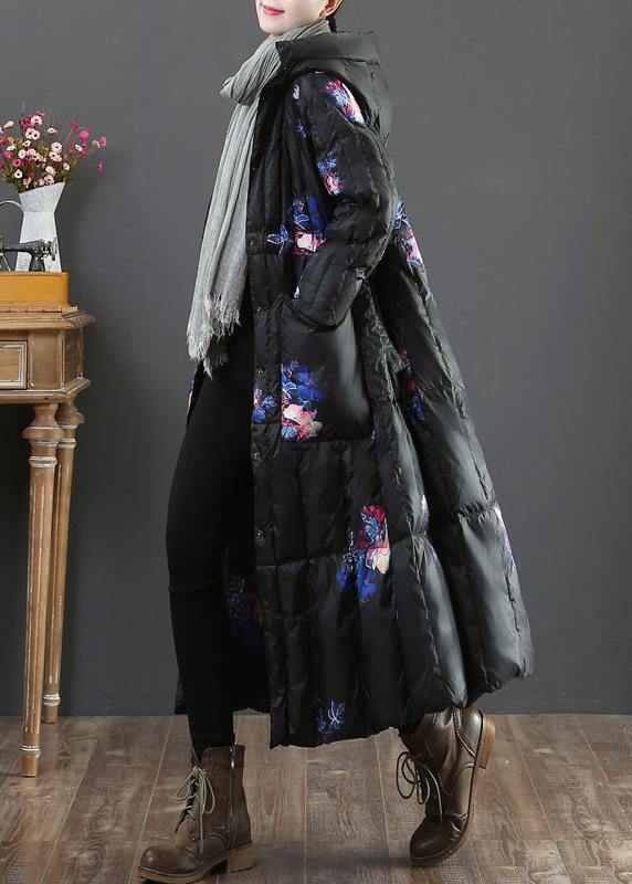 Warm plus size womens parka coats black print hooded pockets goose Down coat - bagstylebliss